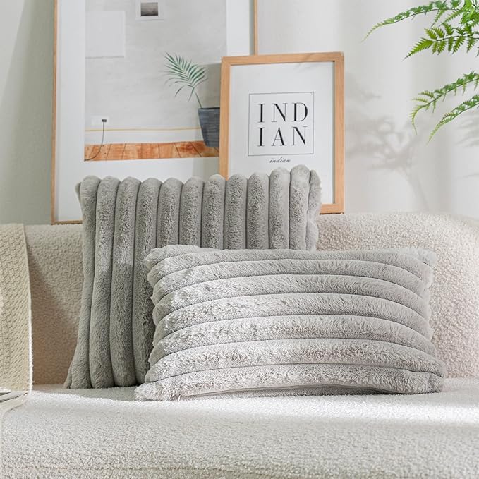 DEELAND Pack of 2,Double-Sided Faux Fur Plush Decorative Throw Pillow Covers Fuzzy Striped Soft Pillowcase Cushion Covers for Sofa Couch Bedroom Lightgrey 24x24 inch