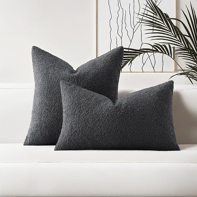 HAUSSY Set of 2 18x18 Decorative Throw Pillow Covers, Soft Cozy Textured Boucle Couch Cases, Home Decor for Couch Bed Living Room,Dark Grey
