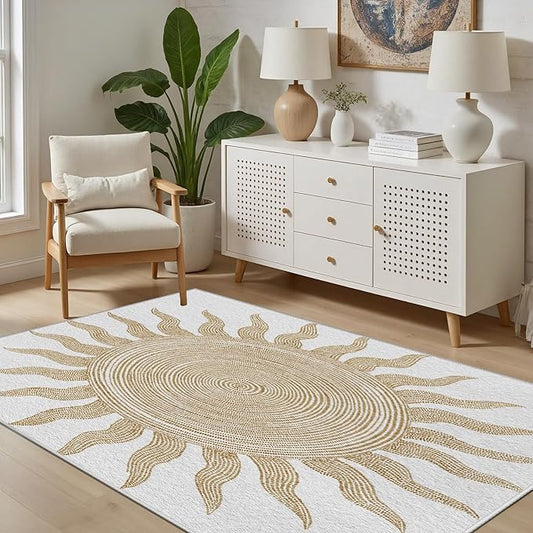 Boho Washable Rugs for Bedroom 6x8, Modern Sun Print Soft Minimalism Area Rug, Non Slip Low Pile Abstract Carpet for Classroom Living Room Decor Dining Room Sofa Kids Nursery Room, Beige Yellow