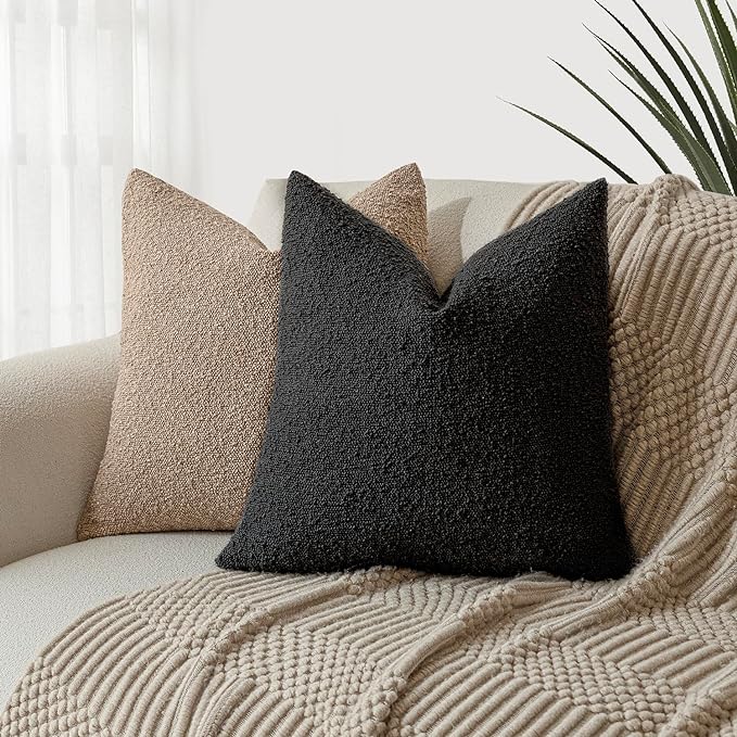 Foindtower Decorative Textured Boucle Throw Pillow Covers Accent Solid Pillow Cases Neutral Soft Cozy Couch Cushion Case for Chair Sofa Bedroom Living Room Home Decor 22 x 22 Inch,Black