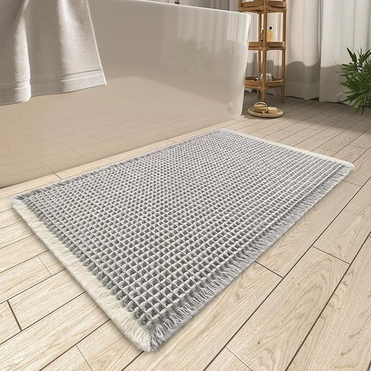 Upgraded Waffle Bath Mat, Super Absorbent Non Slip Bath Mats for Bathroom Floor, Machine Washable Bathroom Rugs with Tassels, Rubber Backed Bathroom Mats, Ultra Soft, 24" x 36",LightGrey & Cream