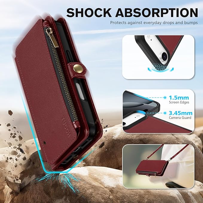 TUCCH Detachable Crossbody Case Wallet for iPhone Air 6.5", Wireless Charging | RFID Blocking 9 Card Holders | Lanyard | Wrist Strap | Stand | Zipper Pocket | PU Leather | Magnetic Cover | Dark Red