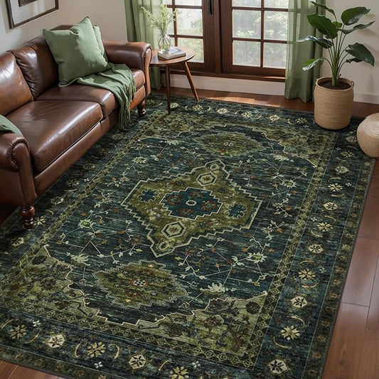 Tangsoo Washable Rug 4x6 Area Rug, Oriental Rug Indoor for Living Room, Non Slip Machine Washable Large Rugs, Soft Print Distressed Olive Green Carpet for Bedroom Dining Room Dorm Office