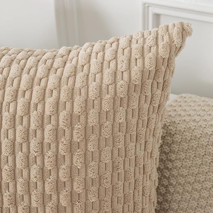 Kevin Textile Euro Sham Pillow Covers 28x28 Inch 2 Packs Soft Boho Striped Corduroy Decorative Throw Pillows for Living Room Couch Bed Sofa Rustic Farmhouse Home Decor 71x71cm Beige
