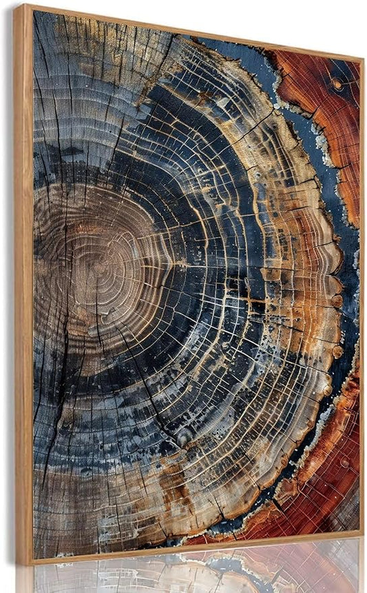 IBHJSART Framed Tree Ring Canvas Wall Art Vintage Colorful Wood Stump Painting Prints Modern Minimalist Pictures Neutral Nature Rustic Farmhouse Decor Living Room Bedroom Bathroom Office