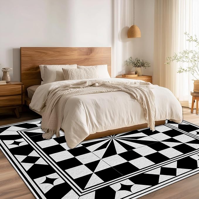 Black and White Checkered Rug, Checkered Rug, Modern Geometric Pattern Carpet, Retro Machine Washable Non Slip Area Rugs, Contemporary Rugs for Living Room/Bedroom 3x5