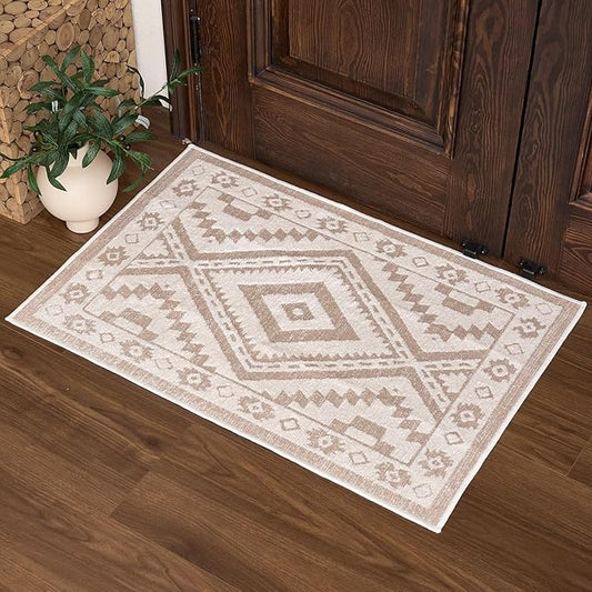 Moroccan Washable Entryway Rug 2x3, Geometric Woven Area Rug, Non-Slip Boho Accent Soft Low-Pile Front Door Mat Indoor Entrance, Small Throw Rug for Bathroom Front Porch, Cream/White