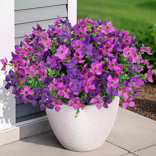Artificial Faux Plants Flowers Outdoor Spring Summer Decoration, 12 Bundles Fake Silk Colorful Daisy Eucalyptus Realistic UV Resistant for Outside Home Planter Porch Patio Yard Decor (Purple)