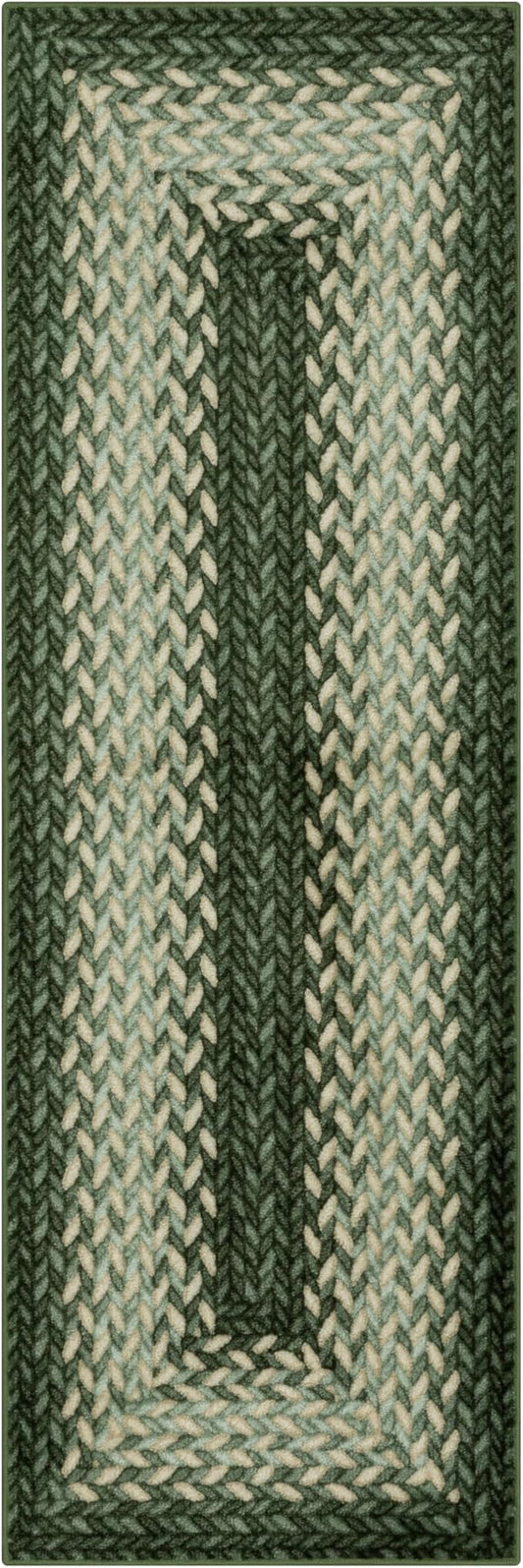 Maples Rugs Marion Bohemian Braided Design Print Runner Rug – Made in USA – Washable, Non Slip Indoor Carpet for Hallway, Kitchen, and Laundry Room, 2' x 6', Green