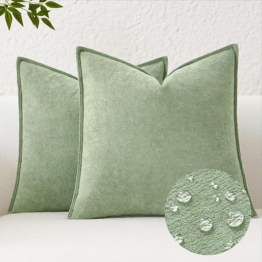 Kevin Textile Waterproof Decorative Pillow Covers Sage Green 22x22 Inch Pack of 2 Soft Boucle Textured Euro Pillowcases Elegant Accent Pillows for Couch Sofa Chair Bed Home Decor Indoor Outdoor