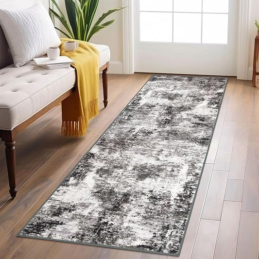 Modern Abstract Runner Rug 2x6, Black Grey Washable Kitchen Runner Non-Slip Soft Hallway Rug Runner Thin Print Faux Wool Carpet for Entryway Bedroom Laundry Room Indoor Home Decor