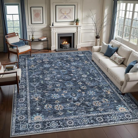 Tangsoo 10x14 Large Area Rug for Living Room, Non Slip Machine Washable Rug for Bedroom, Boho Distressed Vintage Blue Floral Rugs, Soft Indoor Floor Carpet Mat for Office Kitchen Farmhouse Home Decor