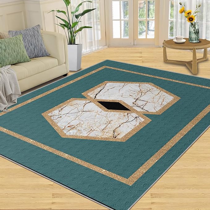 Jadeite Marble Area Rug Abstract Marble Texture Area Rugs for Living Room Light Luxury Stone Crack Carpet Gold Geometric Stripes Outdoor Carpet for Bedroom Living Room 4x6ft