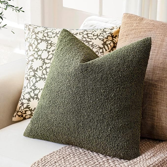 Foindtower Decorative Textured Boucle Throw Pillow Covers Accent Solid Pillow Cases Neutral Soft Cozy Couch Cushion Case for Chair Sofa Bedroom Living Room Home Decor 18x18 Inch,1PC,Moss Green