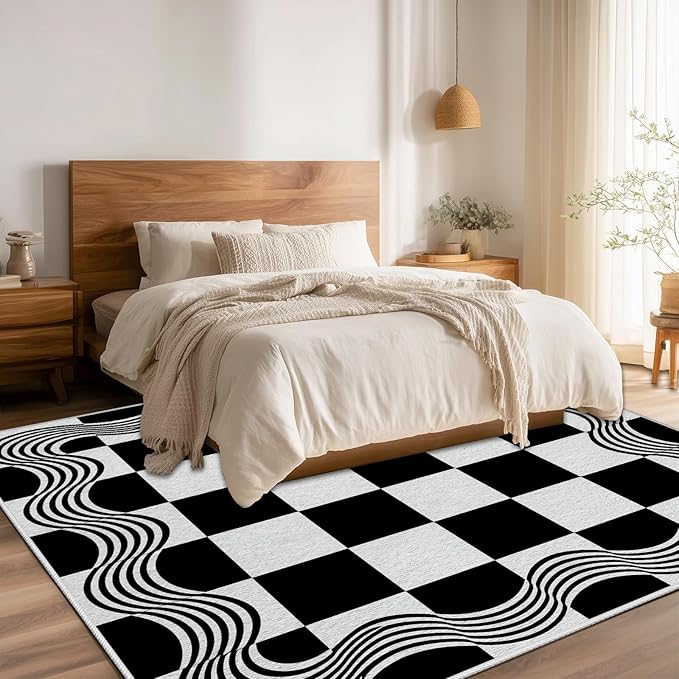 Checkered Area Rug 8x10, Checkerboard Rug, Geometric Plaid Washable Rugs, Modern Checkered Area Rugs, Wavy Line Carpet Non Slip for Bedroom Retro Home Decor Mat