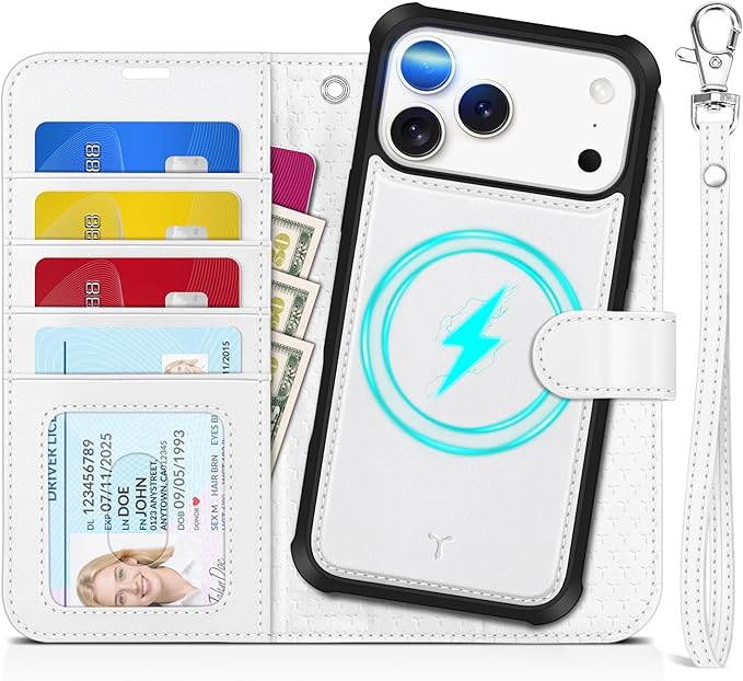 TUCCH 2-in-1 Detachable Wallet Case for iPhone 17 Pro Max (6.9") 2025, Wireless Charging | RFID Blocking 4 Card Holder | Wrist Strap | Kickstand | Magnetic | PU Leather | Protective Flip Cover | White