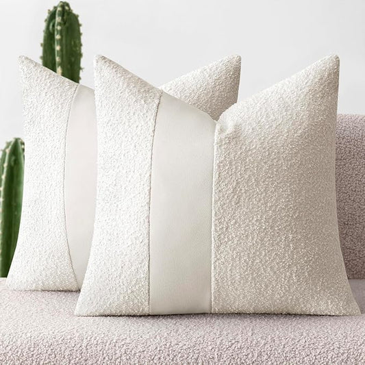MIULEE Boucle Throw Pillow Covers 20x20 Inch Set of 2 White Faux Leather Textured Decorative Pillow Cases Boho Farmhouse Accents Cushion Covers for Couch Bed Livingroom Home Decor