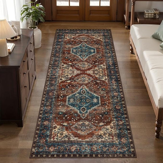 Tangsoo Oriental 2x6 Washable Runner Rug for Hallways, Non Slip Vintage Runner Rug, Soft Low Pile Long Rug Runner, Print Carpet Runners for Kitchen Bedroom Entryway Bathroom Living Room Rust