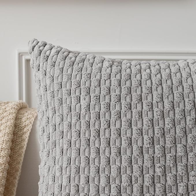 Kevin Textile Super Soft Plush Corduroy Solid Textured Large Boho Throw Euro Pillow Sham Cushion Cover for Couch Floor 2 Pcs 24 x 24 Inch (60cm) Light Grey