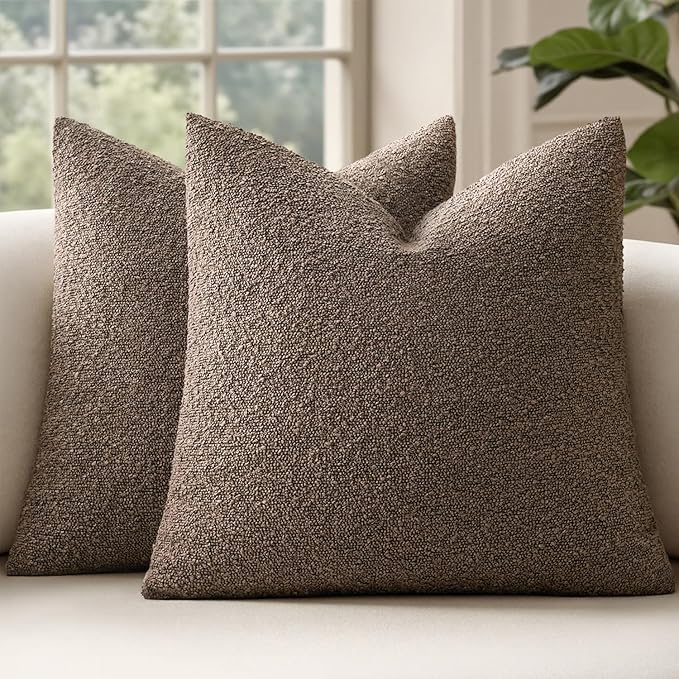 MIULEE 22x22 Decorative Euro Sham Throw Pillows for Bed Set of 2 Textured Boucle Neutral Winter Throw Pillow Covers Dark Brown Accent Solid Vintage Pillowcases Couch Sofa Livingroom Home Decor