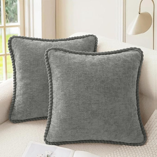 CaliTime Decorative Couch Throw Pillow Covers 16 X 16 Inches Pack of 2 Cozy Chenille Piping Edge Cushion Cases for Sofa Bed Living Room Home Medium Grey