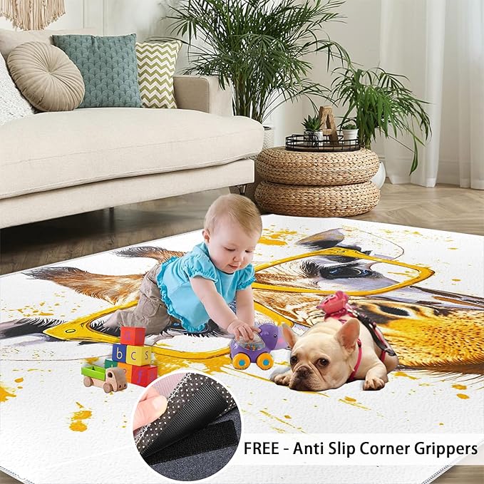 Giraffe 3x5 Area Rugs for Living Room, Funny Animals Washable Non Slip Rugs, Pop Art Low Pile Print Rug for Bedroom, Dining Room, Home Office