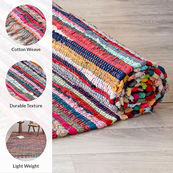 HOMEMONDE Reversible Chindi Rag Rug with Decorative Tassels | 20x32 Inches Hand-Braided Multicolor Cotton Entryway Doormat | Boho Style for Kitchen, Living Room, Bedroom, and Any Space