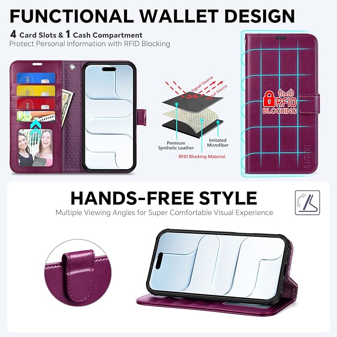 TUCCH Detachable Case Wallet for iPhone Air (6.5") 2025, Wrist Strap | 4 Card Slots RFID Blocking | Wireless Charging | Stand | 2-in-1 Magnetic | PU Leather | Shockproof Folio Cover | Plum Purple