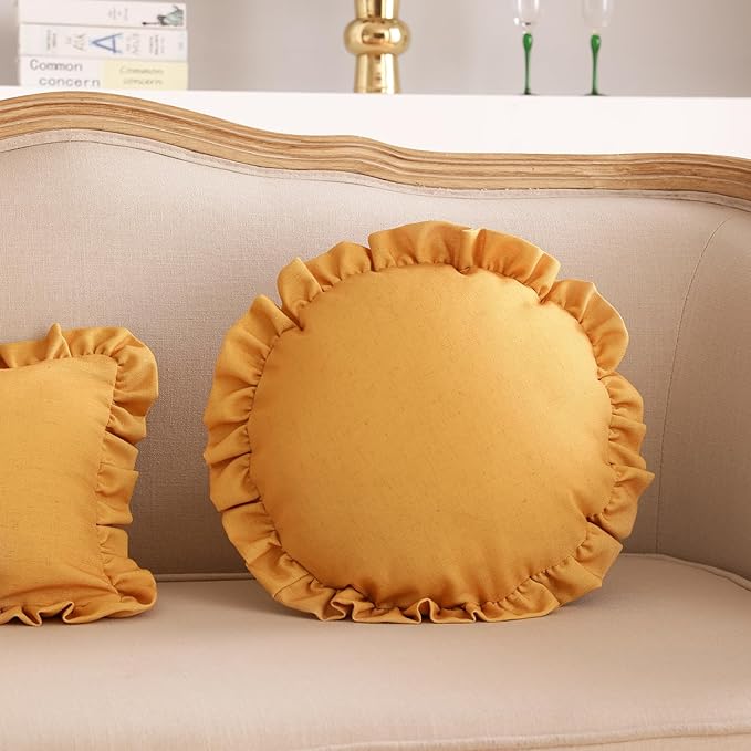 ISAENNE 2 Pieces Classic Yellow Round Throw Pillow Cover Diameter 16", Solid Color Farmhouse Linen Cotton Decor Pillow Cover with Ruffles, Sturdy Throw Pillow Case for Couch Sofa Bed Living Room