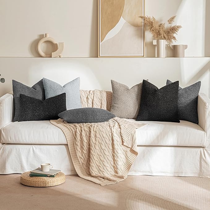 MIULEE 22x22 Inch Decorative Euro Sham Throw Pillows for Bed Set of 2 Textured Boucle Neutral Winter Throw Pillow Covers Black Accent Solid Euro Couch Pillowcases Sofa Livingroom Home Decor