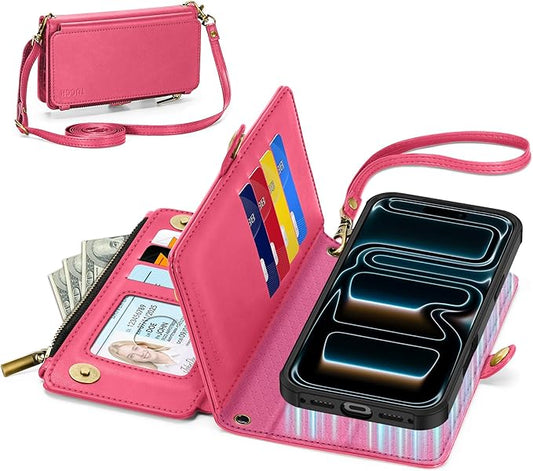 TUCCH Detachable Crossbody Case Wallet for iPhone 17 Pro Max 6.9", Wireless Charging | RFID Blocking 10 Card Holder | Lanyard Wrist Strap | Stand | Zipper Pocket | PU Leather Magnetic Cover | Hot Pink