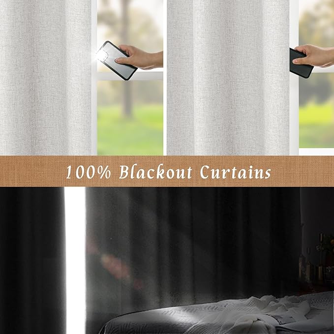 LAMIT Light Grey 100% Blackout Linen Curtains, 63 Inches Linen Textured Thermal Bedroom Curtains Back Tab and Rod Pocket Neutral Panels with White Liner for Farmhouse, 2 Panels, 38 x 63 Inch