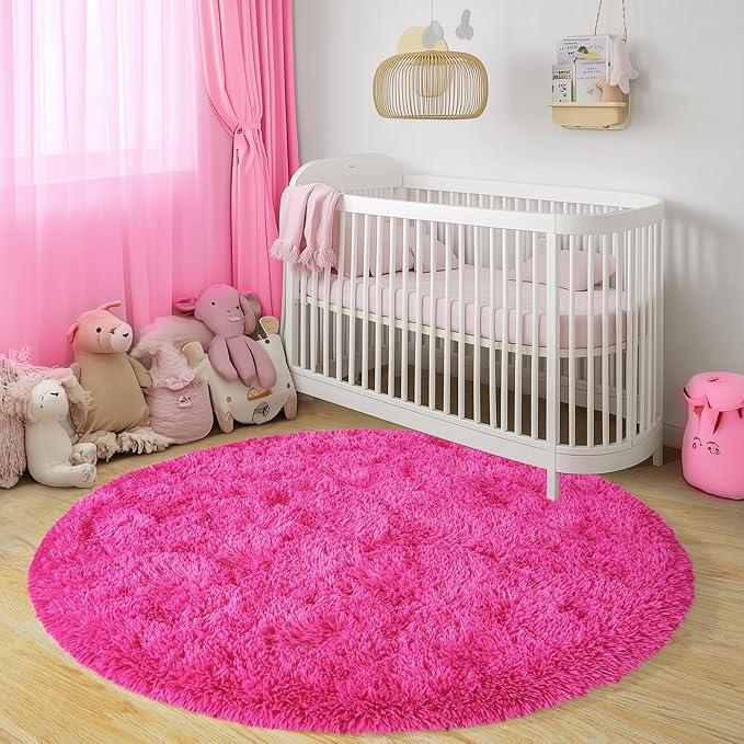 Round Fluffy Rugs 8Ft for Girls Bedroom, Hot Pink Shag Circle Kids Rug Non-Slip for Bedside Dorm Nursery Playroom, Soft Cute Area Rugs for Living Room Decor