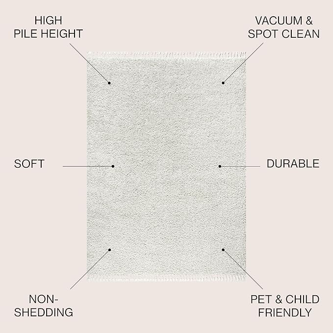 JONATHAN Y Mercer Shag Plush Tassel White Indoor Area Rug, 4x6, Contemporary, Modern, Easy-Cleaning for Living Room, Bedroom, Kitchen, Pet Friendly, Non-Shedding (MCR100A-4)