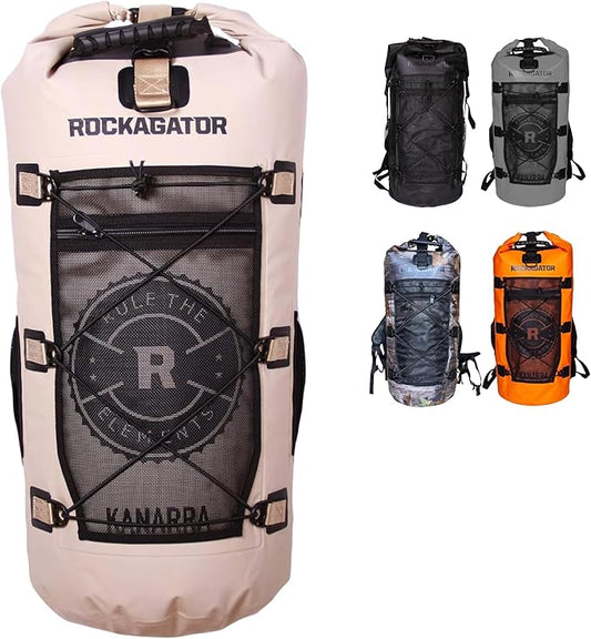 Rockagator Kanarra 90L Waterproof Backpack for Camping, Hiking, Mountaineering, Backpacking, Hunting, Fishing, Canoeing, Outdoor Activities, The Wet Outdoors - Large Capacity, Roll Top Closure, Tan