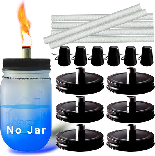 Mason Jar Tabletop Torches Kits,6 Pack Regular Mouth Lids with Protective Tube,Long Life Fiberglass Wicks and Caps,Outdoor Oil Lamp Lights for Patio Garden Camping Decor(Black)