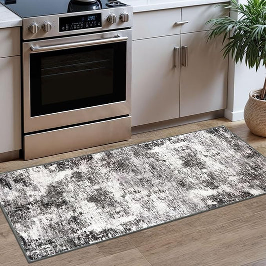 Modern Abstract Runner Rug 2x5, Grey Black Washable Kitchen Runner Entryway Rug Mat Non-Slip Soft Hallway Rug Runner Thin Print Faux Wool Carpet for Bedroom Laundry Room Indoor