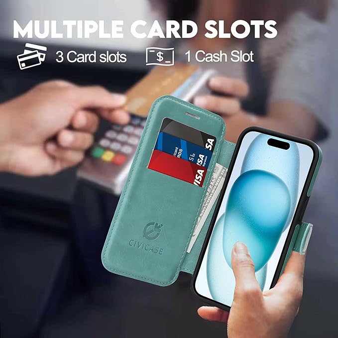 CIVICASE for iPhone 14 Pro Max Wallet Case with Stand,PU Leather Flip Credit Card Holder Slots (RFID Blocking),Compatible with Magsafe Magnetic Holder Phone Cover Women Men,Green