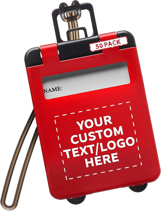 50 Mini Carry-on Luggage Tags Pack - Customizable Text, Logo - Flip Open Cover, ID Sticker - Red