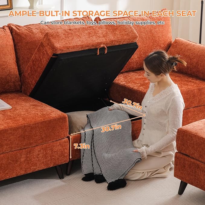 73'' Loveseat Sofa with Seats Storage, Modular Sectional Sofa with Movable Ottoman,Oversized Comfy Couches with Deep Seat,7.8'' Cushion,Couch for Living Room,Bedroom,Chenille,Orange