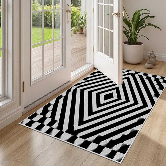 Black and White Rug 4x6, Checkered Soft Thin Indoor Floor Mats Carpet, Non-Slip Stain Resistant Washable Rugs, Modern Rhombus Geometric Rugs for Living Room, Farmhouse Rug