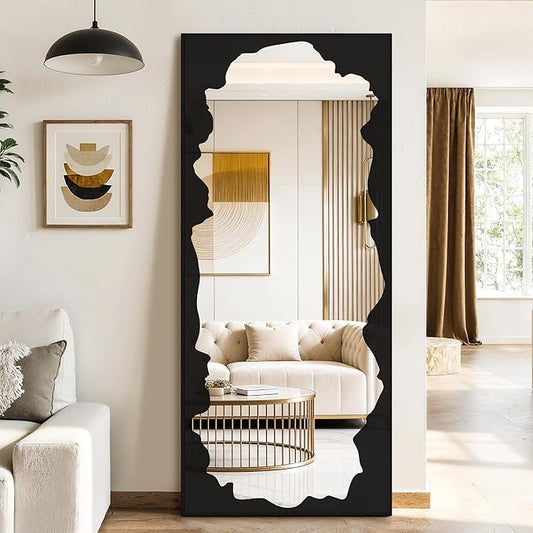 Full-Length Mirror Free Standing Leaning Mirror with Artistic Black Abstract Overlay Deco, 70"x30" Shatterproof Wall-Mounted Mirror, Perfect for Living Room, Bedroom, Cloakroom, and Bathroom Decor
