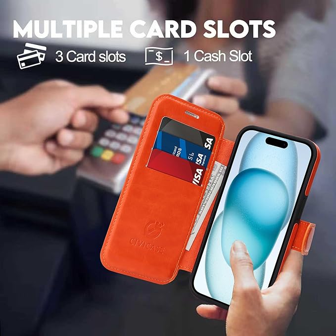 CIVICASE for iPhone 13 Pro Max Wallet Case with Stand,PU Leather Flip Credit Card Holder Slots (RFID Blocking),Compatible with Magsafe Magnetic Holder Phone Cover Women Men,Orange