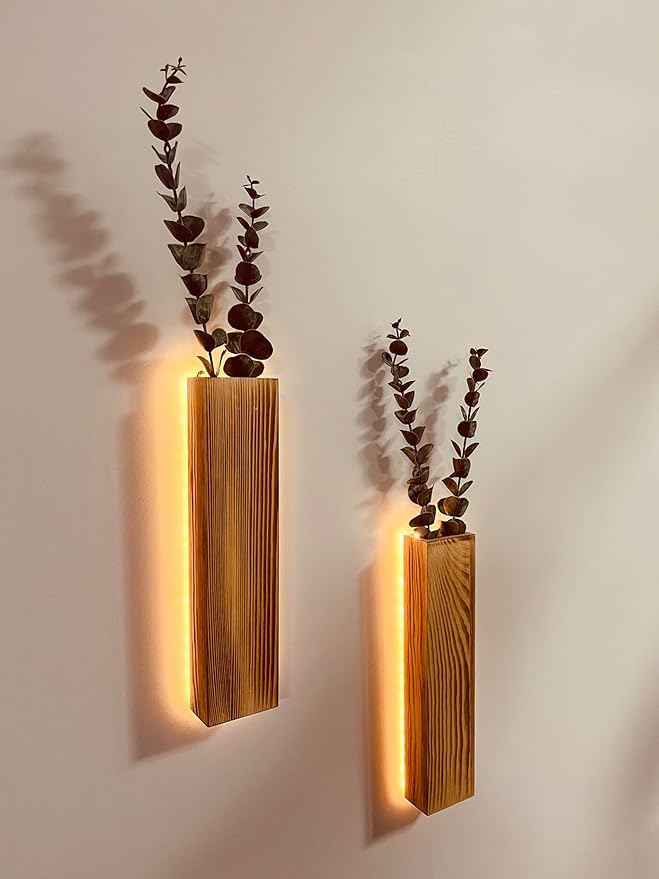 Artificial Eucalyptus with LED Lights Wall Planters Rustic Wall Decor with Lights Wall Sconces Fake Vines for Room Decor Home Bedroom Living Room Bathroom Hanging Vase for Dried Flowers Faux Plants