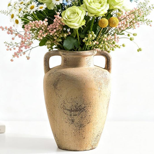 Ceramic Vintage Vases for Flower, 8.85 inch Rustic Vase with Handle, Tall Terracotta Christmas Farmhouse Vase for Home Decor, Living Room Shelf Decor, Enterway, Table, Lyeec