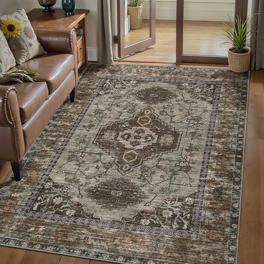 Tangsoo Washable Rug 4x6 Area Rug, Oriental Rug Indoor for Living Room, Non Slip Machine Washable Large Rugs, Soft Print Distressed Grey Carpet for Bedroom Dining Room Dorm Office