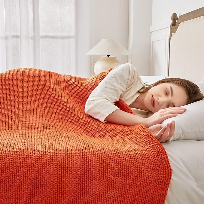Guohaoi Knitted Weighted Blanket for Adults (Orange 48"x72" 12lbs) No Beads Cooling Throw Blanket for Hot Sleepers, Home Decor Breathable Chunky Knit Heavy Blanket Use on Full Size Bed