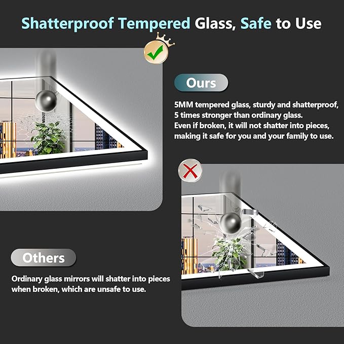 72x32 Black Framed LED Bathroom Mirror with Lights, Backlit and Front Lit, Anti-Fog Lighted Vanity Mirrors for Bathroom Wall, Dimmable, 3-Color Light, Memory, Shatter-Proof, HD Tempered Glass
