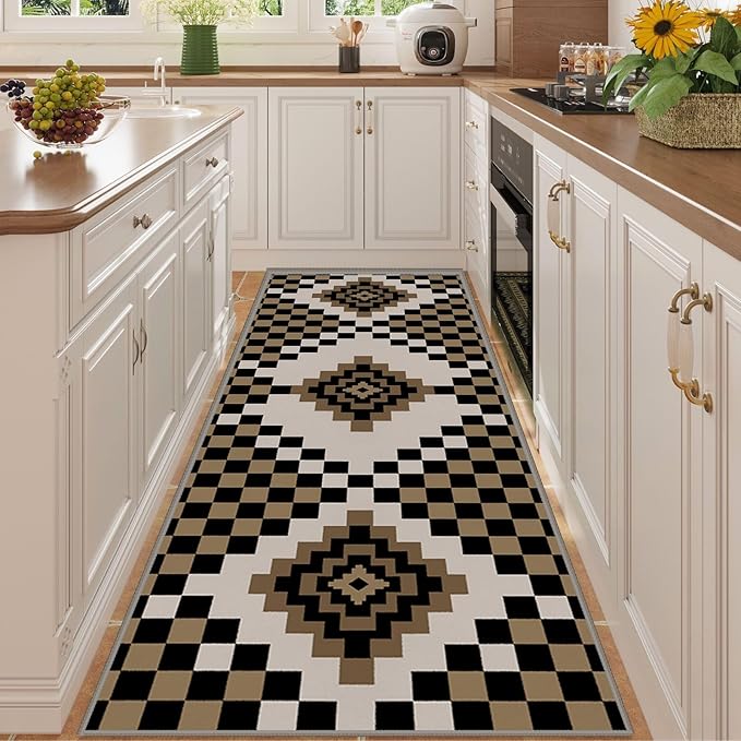 Retro Moroccan Farmhouse Decor Rug Runners for Hallways, 2x7ft, Black Linen Checkered Entryway Carpet, Rubber Backed Low Pile Easy Clean Carpets, Durable Reduce Noise Rugs for Floor