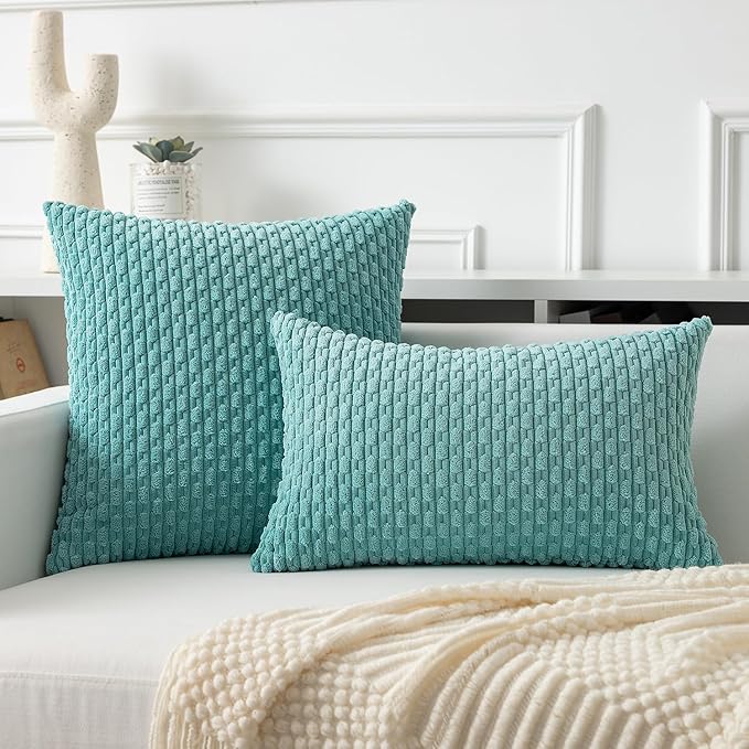 Kevin Textile Throw Pillow Covers Soft Corduroy Decorative Set of 2 Boho Striped Pillow Covers Pillowcases Farmhouse Home Decor for Couch Bed Sofa Living Room 24x24 Inch Aqua Green